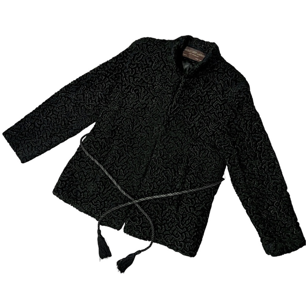 Rare Vintage Jacques Saint Laurent Black Faux Fur Coat with Tie Size M